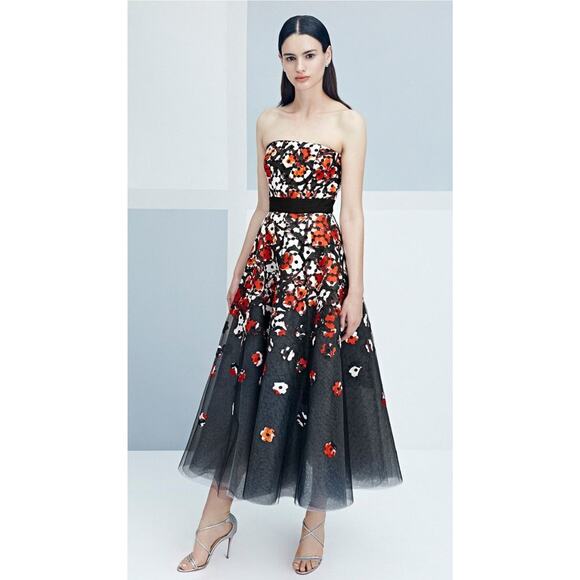 Sachin & Babi Noir Floral Norman Sz 4 Midi Dress Gown Red Bkack Tule Org… - Picture 1 of 16